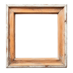rustic wooden frame with a weathered finish. showcasing a square opening in the center the frame's design suggests a vintage or handmade aesthetic. making it suitable for displaying artwork or photogr