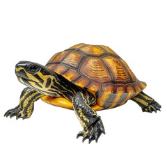 realistic depiction of a turtle with a beautifully patterned shell. showcasing vibrant colors and intricate details the turtle is posed in a dynamic manner against a clean. white background. highlight