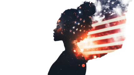 A double exposure of an African American woman's silhouette filled with the American flag and fireworks in space, cinematic, white copy space, - Generative AI