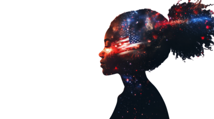 A double exposure of an African American woman's silhouette filled with the American flag and fireworks in space, cinematic, white copy space, - Generative AI