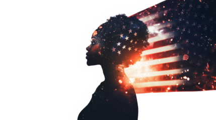 A double exposure of an African American woman's silhouette filled with the American flag and fireworks in space, cinematic, white copy space, - Generative AI