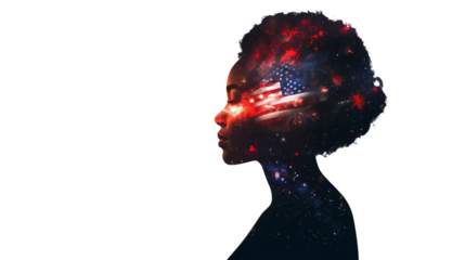 A double exposure of an African American woman's silhouette filled with the American flag and fireworks in space, cinematic, white copy space, - Generative AI