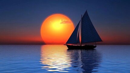 Fototapeta premium Sunset Sailboat Serenity: A picturesque sailboat gracefully glides across the tranquil ocean, silhouetted against a breathtaking sunset, creating a scene of serene beauty and peaceful adventure.