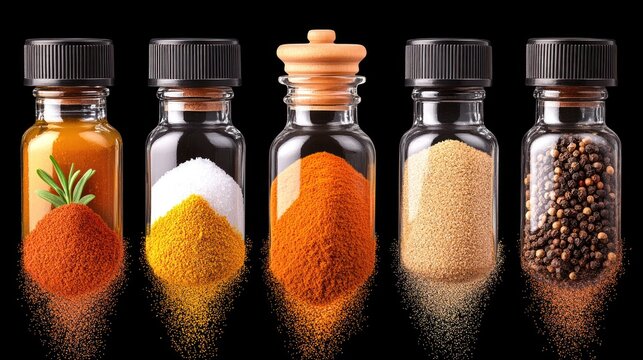 Five spice jars with paprika, turmeric, salt, pepper, and cumin on black background.