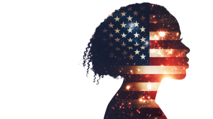 A double exposure of an African American woman's silhouette filled with the American flag and fireworks in space, cinematic, white copy space, - Generative AI