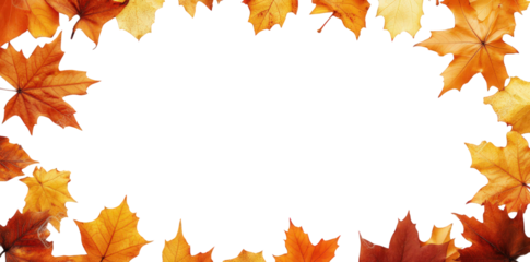 collection of autumn leaves in shades of orange and yellow. arranged in a decorative border surrounding a blank white space this design can be used for various purposes such as invitations. greeting c