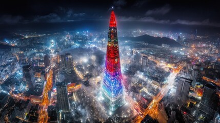 Obraz premium Night cityscape with illuminated skyscraper.