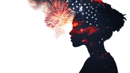 A double exposure of an African American woman's silhouette filled with the American flag and fireworks in space, cinematic, white copy space, - Generative AI