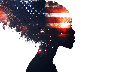 A double exposure of an African American woman's silhouette filled with the American flag and fireworks in space, cinematic, white copy space, - Generative AI