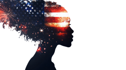 A double exposure of an African American woman's silhouette filled with the American flag and fireworks in space, cinematic, white copy space, - Generative AI