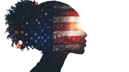 A double exposure of an African American woman's silhouette filled with the American flag and fireworks in space, cinematic, white copy space, - Generative AI