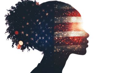 A double exposure of an African American woman's silhouette filled with the American flag and fireworks in space, cinematic, white copy space, - Generative AI