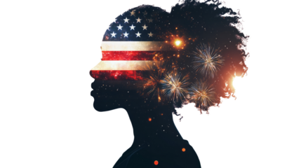 A double exposure of an African American woman's silhouette filled with the American flag and fireworks in space, cinematic, white copy space, - Generative AI