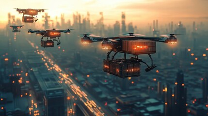 Fototapeta premium A row of drones carrying small cargo containers over a sprawling industrial area, futuristic freight delivery 