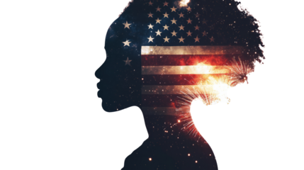 A double exposure of an African American woman's silhouette filled with the American flag and fireworks in space, cinematic, white copy space, - Generative AI