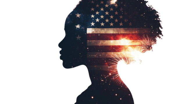 A double exposure of an African American woman's silhouette filled with the American flag and fireworks in space, cinematic, white copy space, - Generative AI