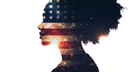 A double exposure of an African American woman's silhouette filled with the American flag and fireworks in space, cinematic, white copy space, - Generative AI