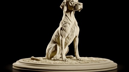 Elegant dog statue, sitting pose, detailed musculature, light beige color, on round base, dark background.