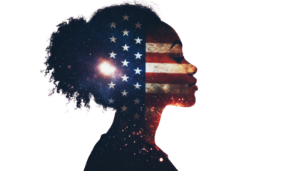 A double exposure of an African American woman's silhouette filled with the American flag and fireworks in space, cinematic, white copy space, - Generative AI