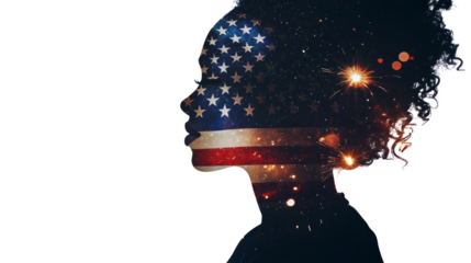 A double exposure of an African American woman's silhouette filled with the American flag and fireworks in space, cinematic, white copy space, - Generative AI