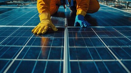 A technician dressed in bright work gear is kneeling on solar panels, carefully inspecting and maintaining them under the clear blue sky. The activity showcases dedication to renewable energy