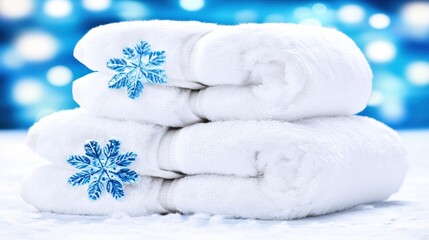 Stack of fluffy white towels decorated with snowflakes on snowy surface against a blue bokeh background.