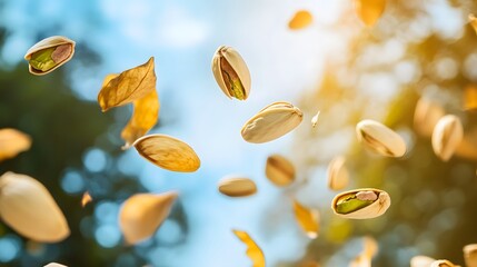Pistachios and leaves falling, sunny day, outdoor background, food photography