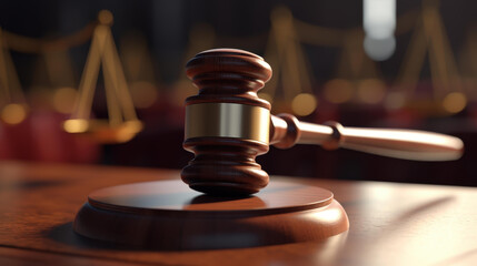 A closeup of a judges gavel resting on a wooden surface, symbolizing justice and authority in the courtroom.