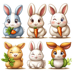 A colorful illustration of cute rabbits holding carrots and greens, perfect for children's themes.