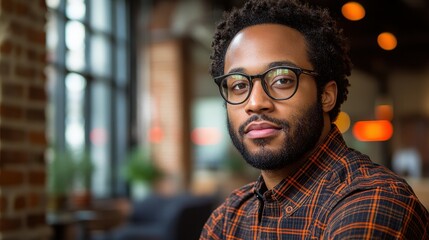 Obraz premium A young man wearing glasses and a plaid shirt sits comfortably in a cafe, enjoying the warm ambiance of the space during a sunny afternoon