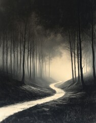 Obraz premium Serene Black and White Forest Landscape Charcoal Drawing with Tall Trees Misty Path Tranquil Atmosphere Vintage Mural