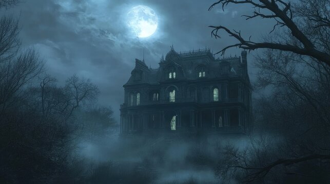 Moonlit haunted mansion, foggy woods, mystery. Halloween backdrop