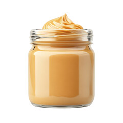 a glass jar filled with creamy peanut butter. topped with a swirl that showcases its smooth texture the jar is clear. allowing the rich. golden-brown color of the peanut butter to be visible. emphasiz