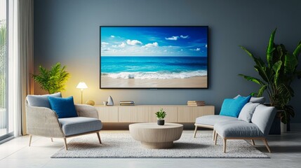  Modern living room with 3D LED TV displaying ocean landscape and stylish decor enhancing relaxation ambiance