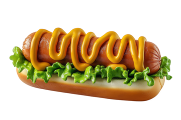 realistic depiction of a hot dog. placed on a bun with fresh lettuce and topped with yellow mustard. showcasing an appetizing and colorful food item this representation emphasizes the enjoyment of cas