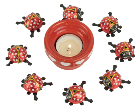 Sieben Marienkäfer aus Schokolade kreisförmig um eine Kerze angeordnet auf weißem Hintergrund, Aufsicht, Blick von schräg oben, als Konzept für liebe und süße Grüße zum Geburtstag