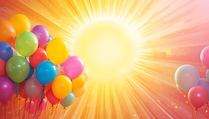 Obraz premium Colorful Balloons Ascending Towards A Bright Sun
