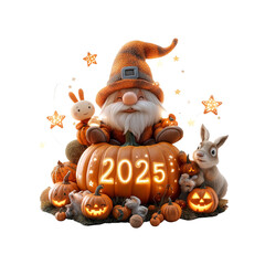 2025 Halloween Gnome with Pumpkins and Animals Festive Autumn Illustration
