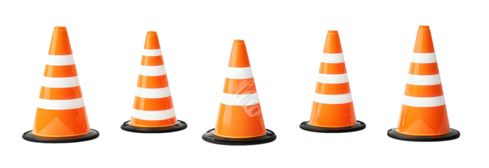 row of five orange traffic cones with white stripes. typically used for road safety and traffic management their bright color and reflective stripes make them easily visible. indicating caution or dir