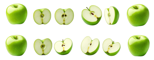 various views of green apples. including whole apples and cross-sections. highlighting their texture and color this visual representation serves to illustrate the fruit's anatomy and appeal. often use