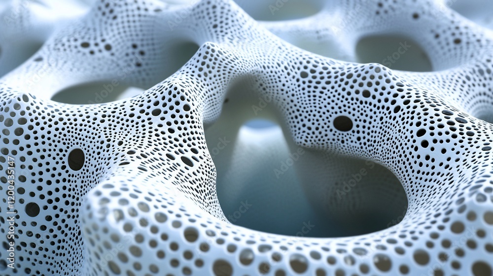 Poster Abstract 3D rendering of a porous, textured surface with holes and dots.