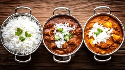 Three Indian curries and rice in metallic bowls on wooden surface.