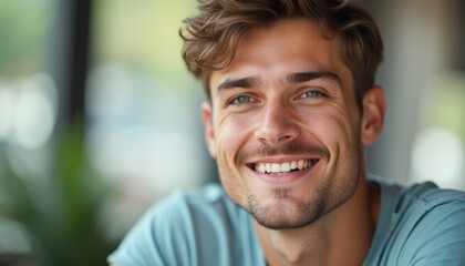 A handsome young man with tousled hair and striking blue eyes beams with joy in a warm caf&eacute; atmosphere. His genuine smile radiates positivity, inviting a sense of warmth and connection in this