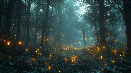 Enchanting fog-filled forest path illuminated by glowing orbs.