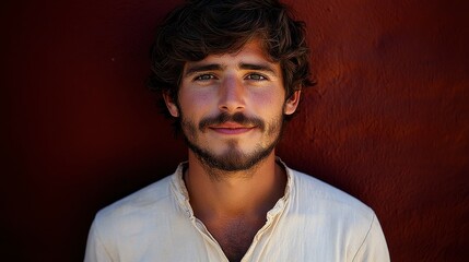 Obraz premium A young man with curly hair and a beard stands smiling against a bright red wall. He is wearing a simple, light-colored shirt and has a confident and approachable expression