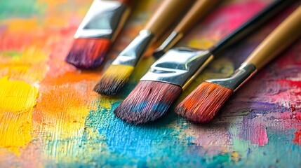 Fototapeta premium Colorful paintbrushes on a vibrant palette, close-up studio shot. Art supplies, creative process