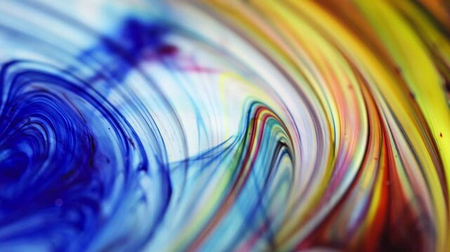 Close-up of swirling liquid with blue, white, red, yellow, and black pigments. Smooth, flowing lines and curved shapes. Soft lighting, abstract background.