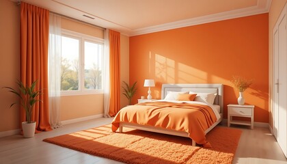 Sunlit Orange Bedroom With Modern Decor And Plush Rug