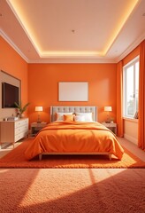 Modern Orange Bedroom Interior Design With Comfortable Bed