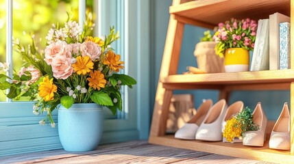 Sunlit room corner with flowers, shoes, and books on wooden shelf.